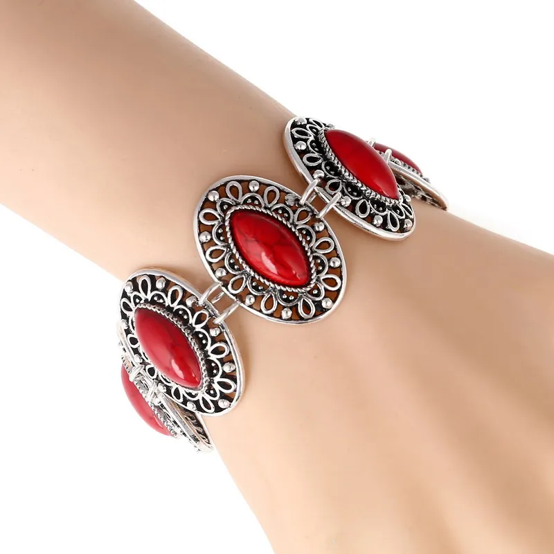 Trendy Boho Red Stone Adjustable Bracelets Bangles Women Vintage Hollow Geometric Bracelet Wedding Jewelry Party Gift Pulseras