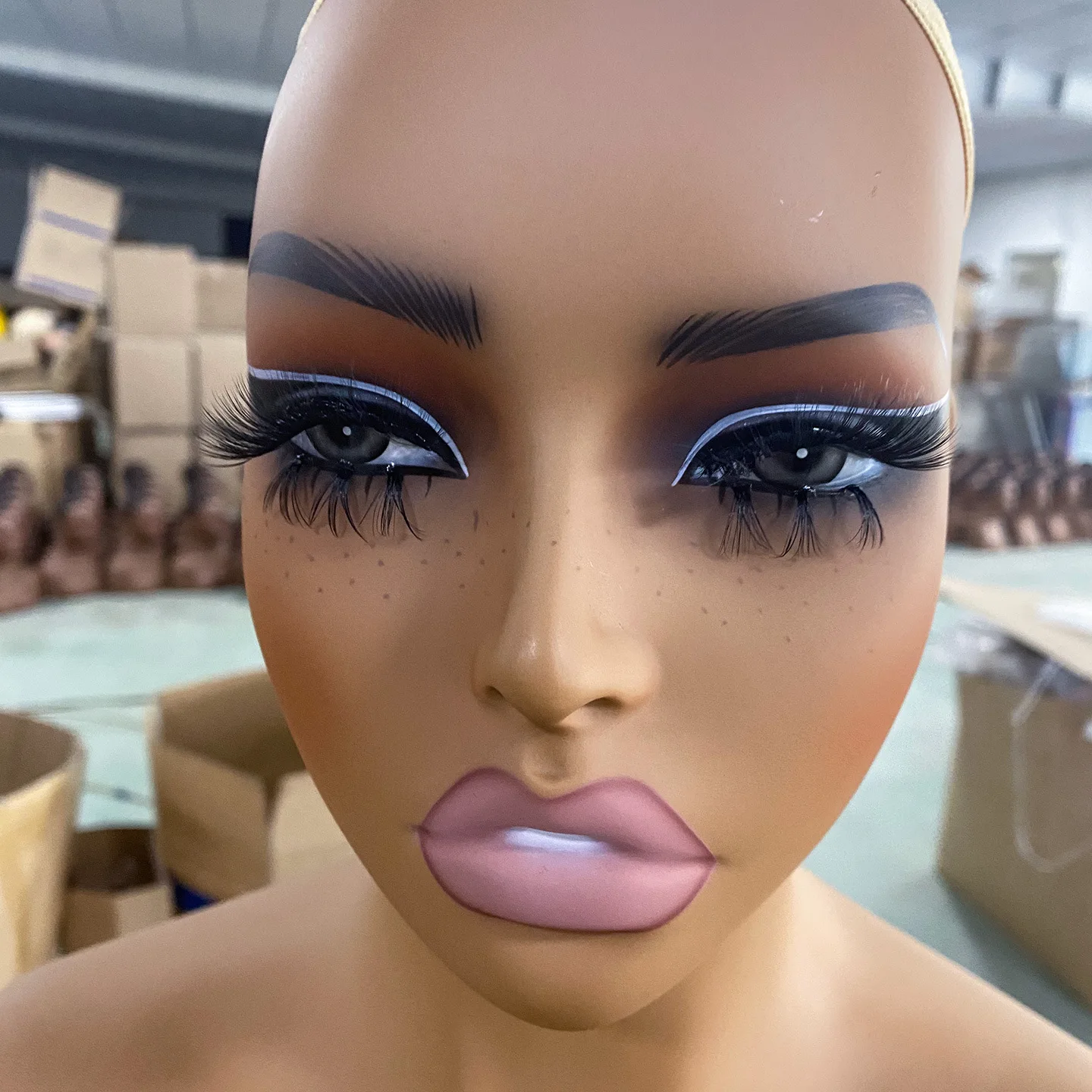 PVC Black Female Mannequin Head Bust with Eyelashes Ear Holes, Realistic Half Body Wig Manikin Head for Wig Styling Display