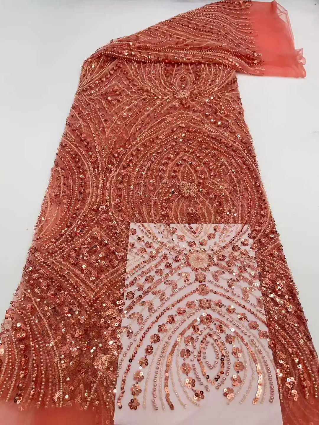 Luxury African Sequins Beaded Lace Fabric 2025 High Quality Lace 5 Yards French Lace Fabric Nigerian Lace Fabrics Party Dress