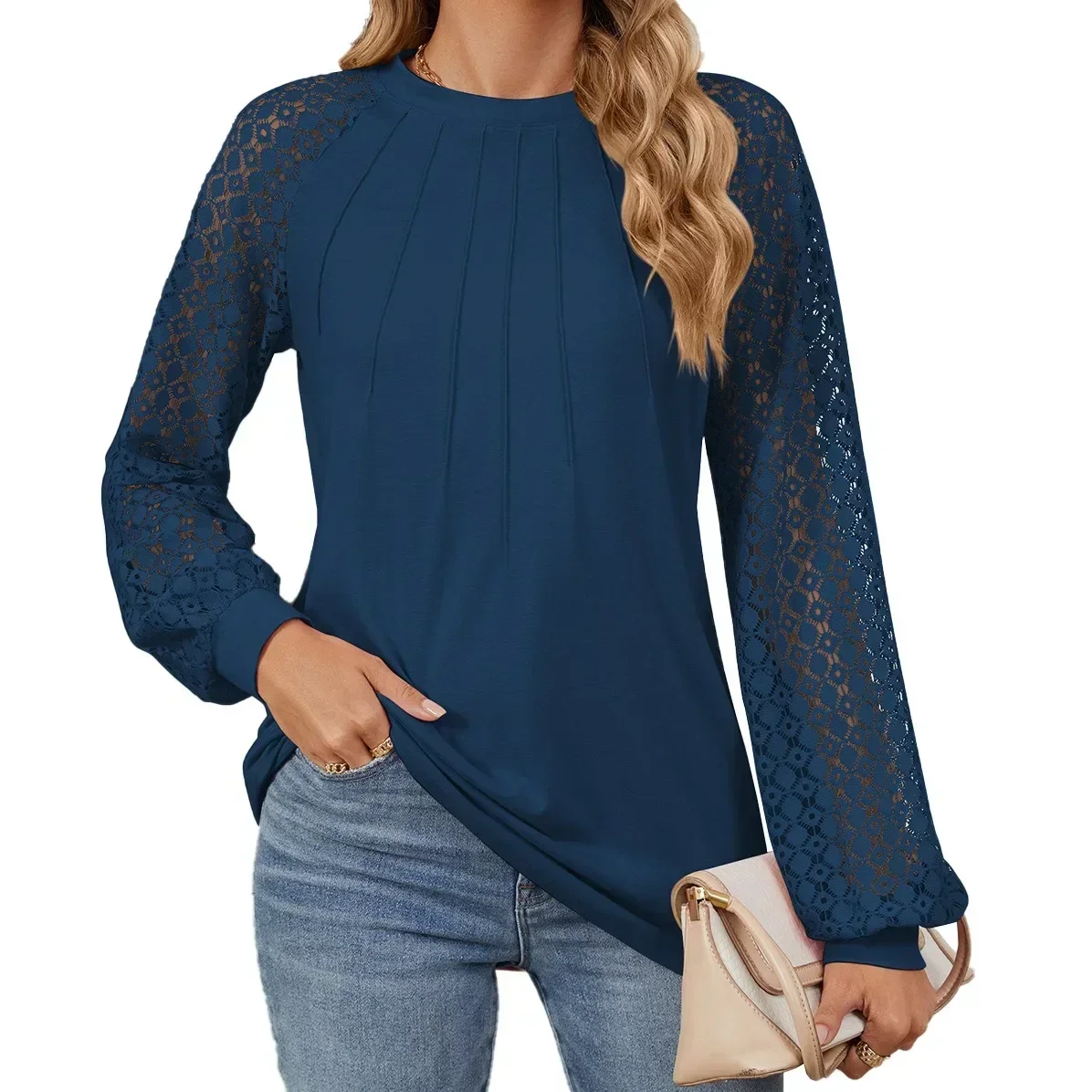 

Spring Autumn Sexy Hollow Lace Sleeve Women Shirts O-Neck Solid Waffle Knit T Shirt Casual Business Slim Ladies Basic Shirt Tops