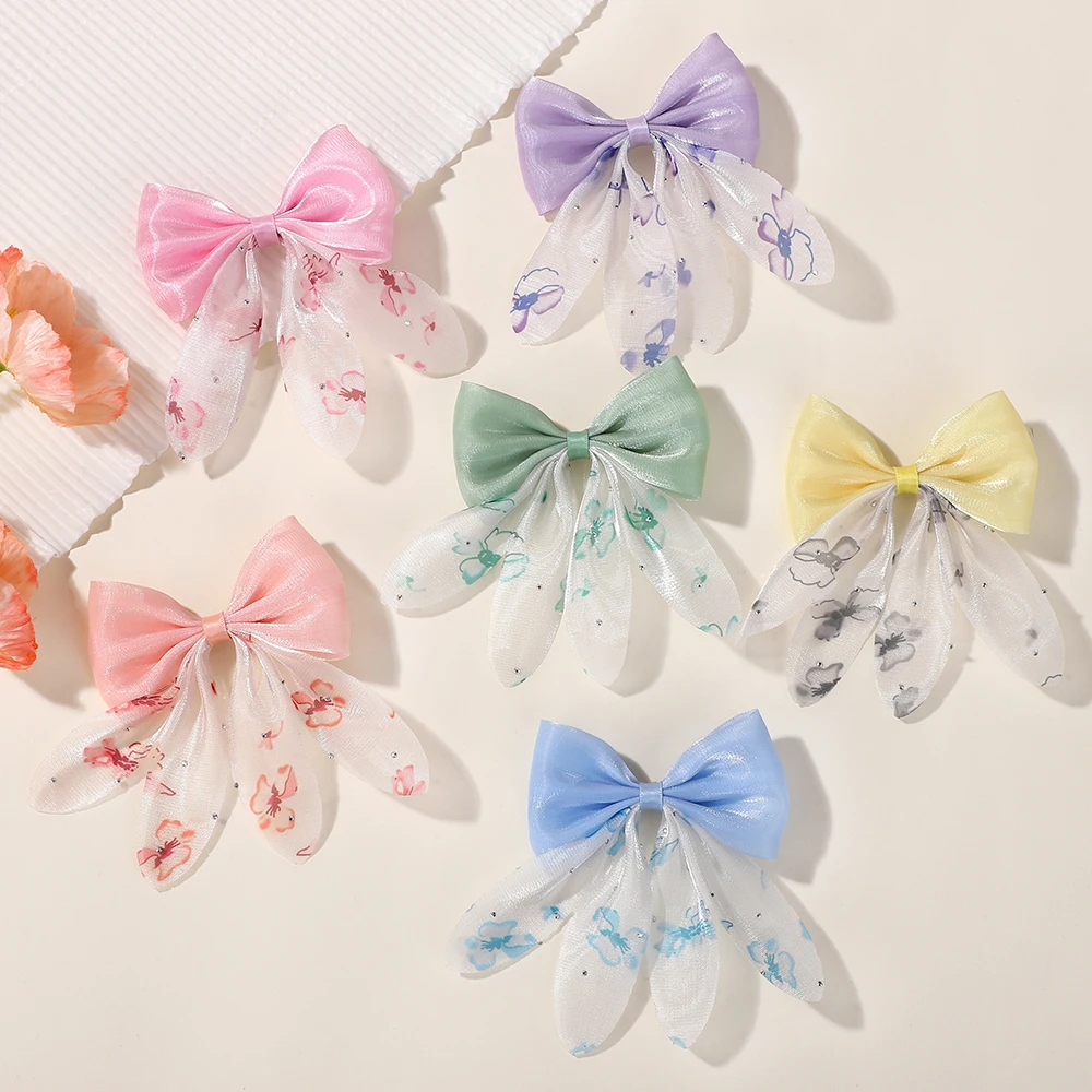 2pcs/Set Multi-Color Bow Hairpins Sweet Cute Chiffon Print Hair Clips for Girls Princess Holiday Party Hair Accessories