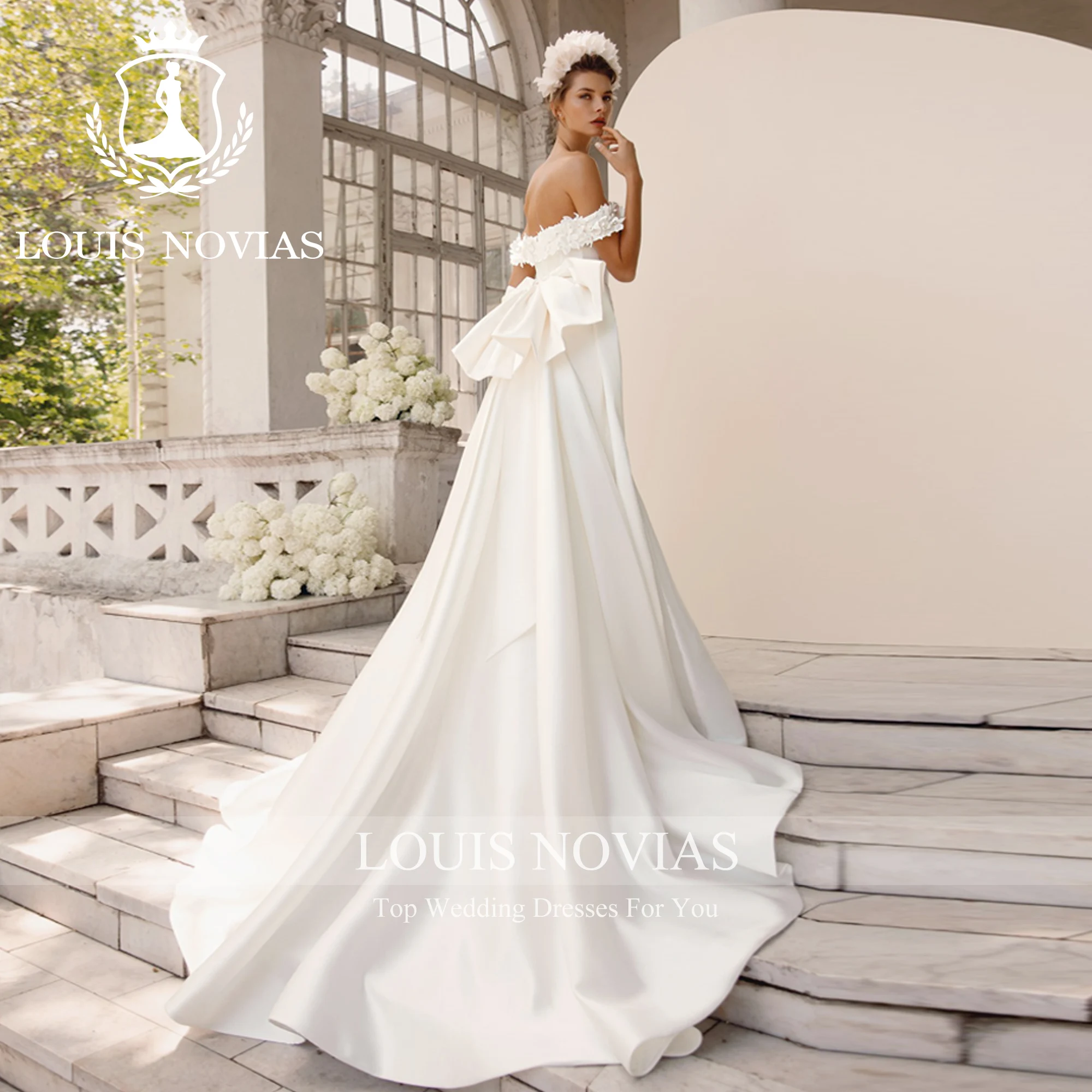 LOUIS NOVIAS Satin Mermaid Wedding Dresses For Women 2023 Off The Shoulder Sweetheart Flowers Bow Detachable Train Wedding Gown