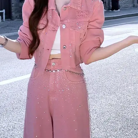 Korean high-quality temperament fashion pink denim suit women\'s autumn and winter new short coat high waist wide-leg pants