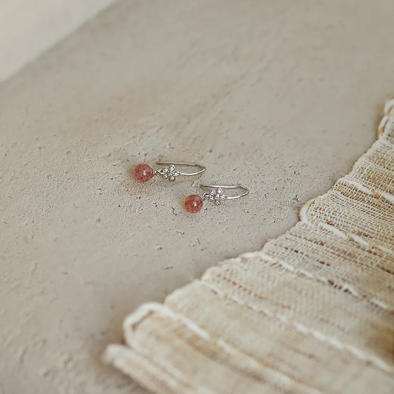 Natural Strawberry Quartz S925 Sterling Silver Ear Hook Earrings, Adjustable Minimalist Dainty Women