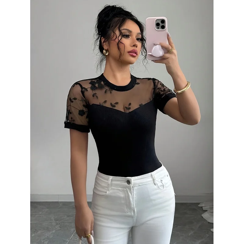 Elegant And Casual Short-Sleeve-Shirt Women, Featuring a Round Neck, Mesh Inserts on Chest And Sleeves, Embroider