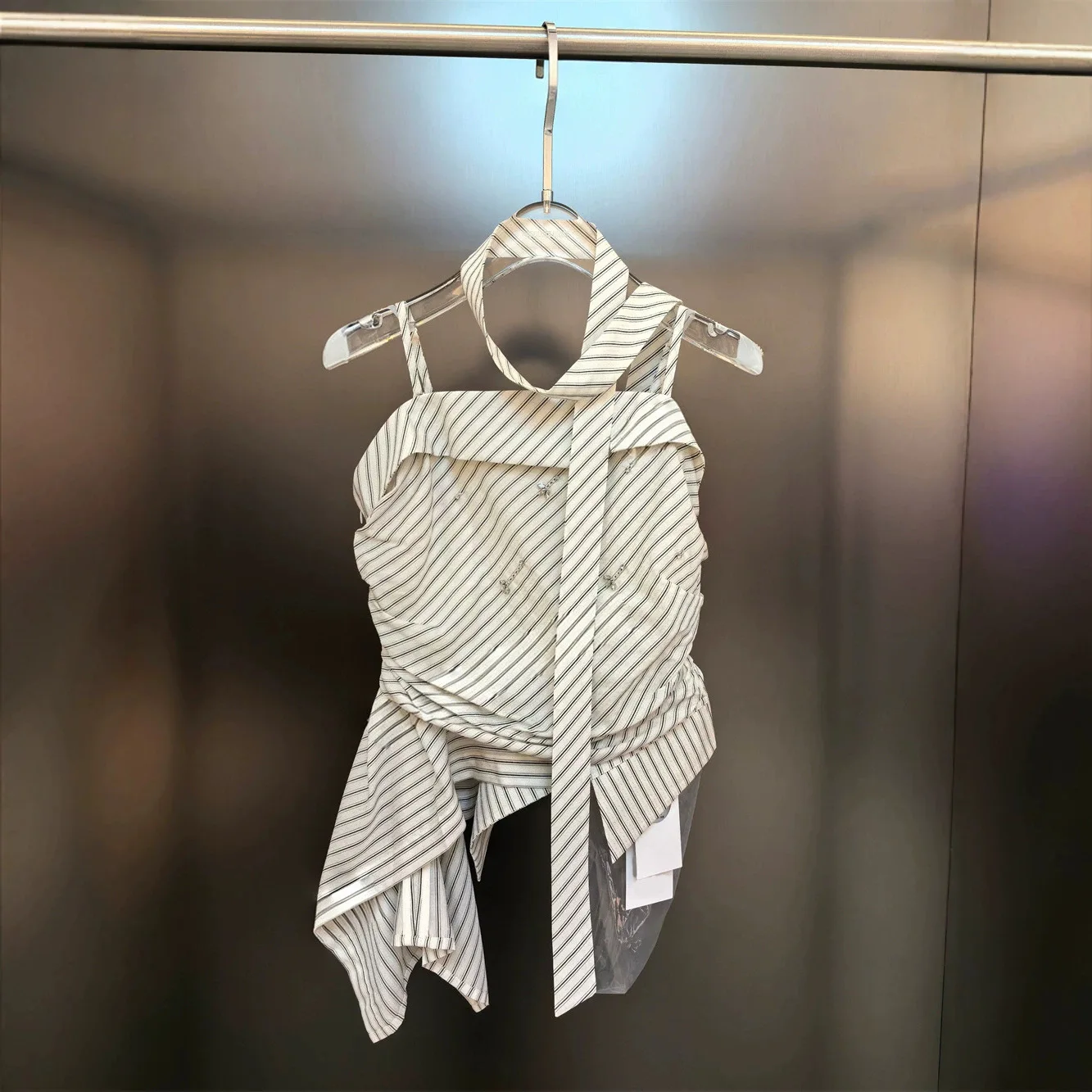 2026 Summer Women Striped Halter Neck Sling Tops Irregular Hem Waist Cinching Slim Fit Tank Tops Fashion Lady Casual Blouses