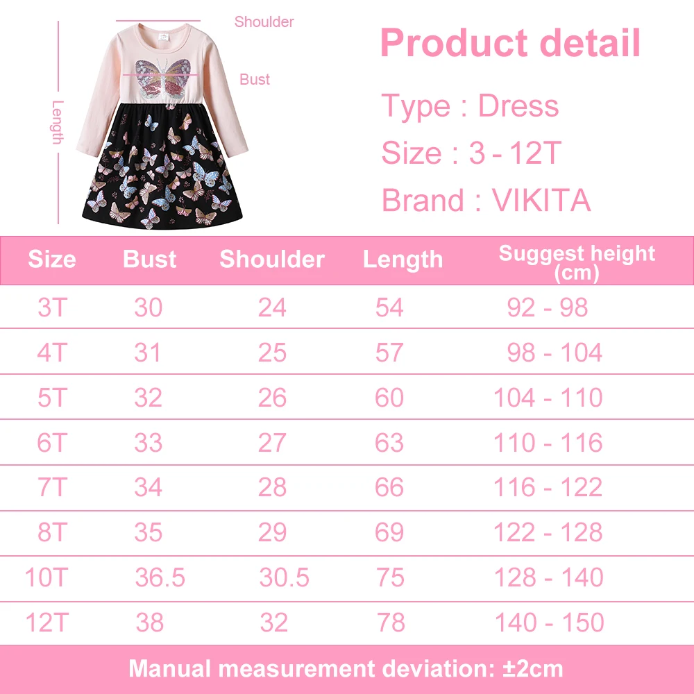 VIKITA Mädchen Langarm Herbst Frühling Kleid Kinder Schmetterling Pailletten Applizierte Glitzernde Bunte Stilvolle Baumwolle Freizeitkleider – Detail 1