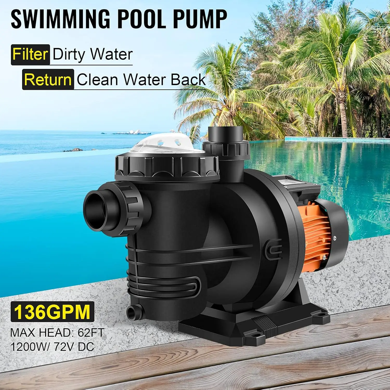 VEVOR Solar In Ground Swimming Pool Pump, 1200W 136GPM 72V DC Solar Water Pump with MPPT Controller, Above Ground Pool Pump