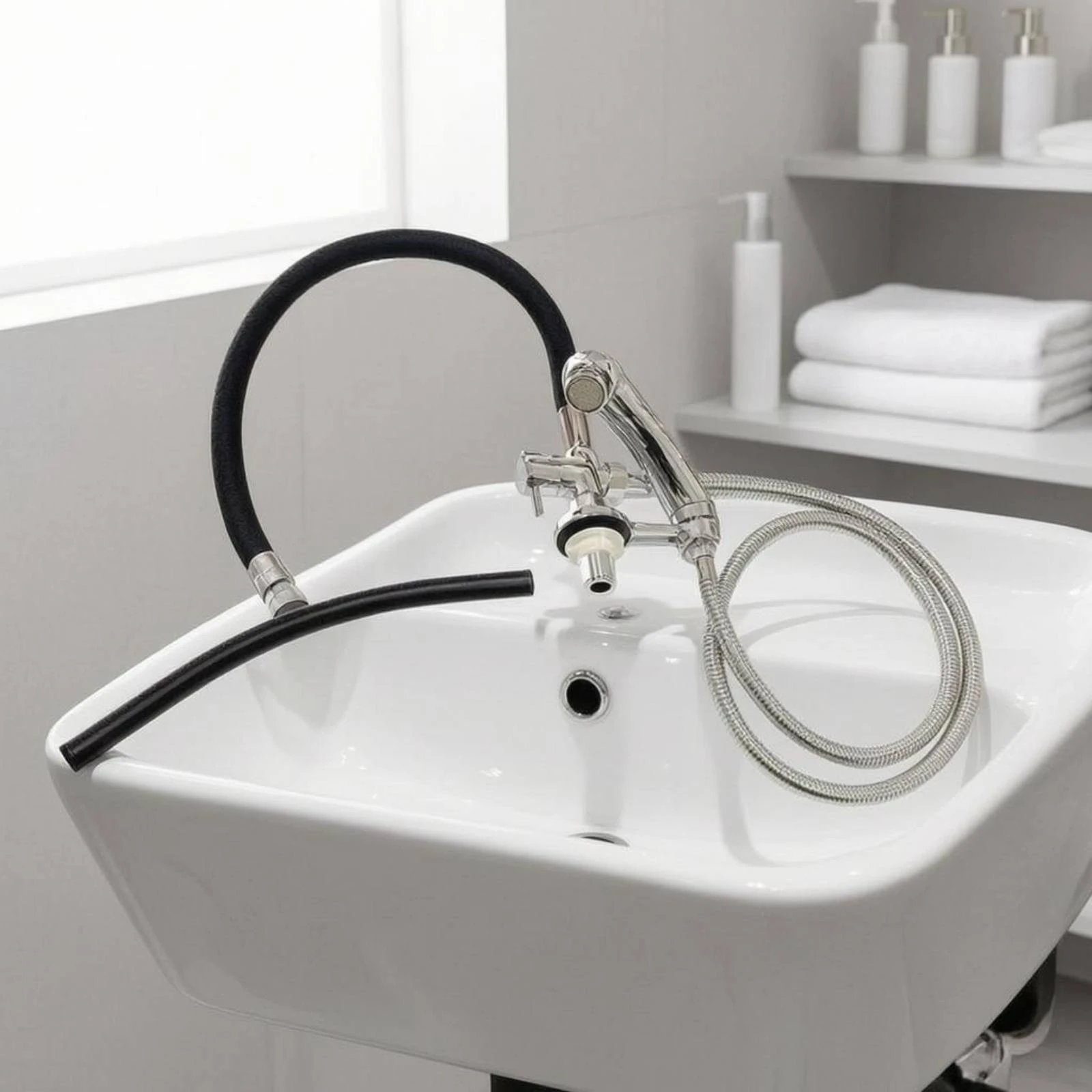 Water Circulation Sprayer Metal Hardware Hair-Wash Basin Sprayer Hair Wash Bowl Silver Finish Salon Equipment Stain Resistant view 6