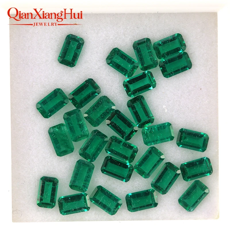 Small Size Green Color Emerald Cut Created Hydrothermal Muzo Emerald Including Minor Cracks and Inclusions Loose Gemstone