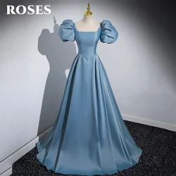 ROSES Blue Puff Sleeve Evening Gown Square Collar Elegant Prom Dress Lace Up Back Stain Wedding Evening Dress robes de soirée