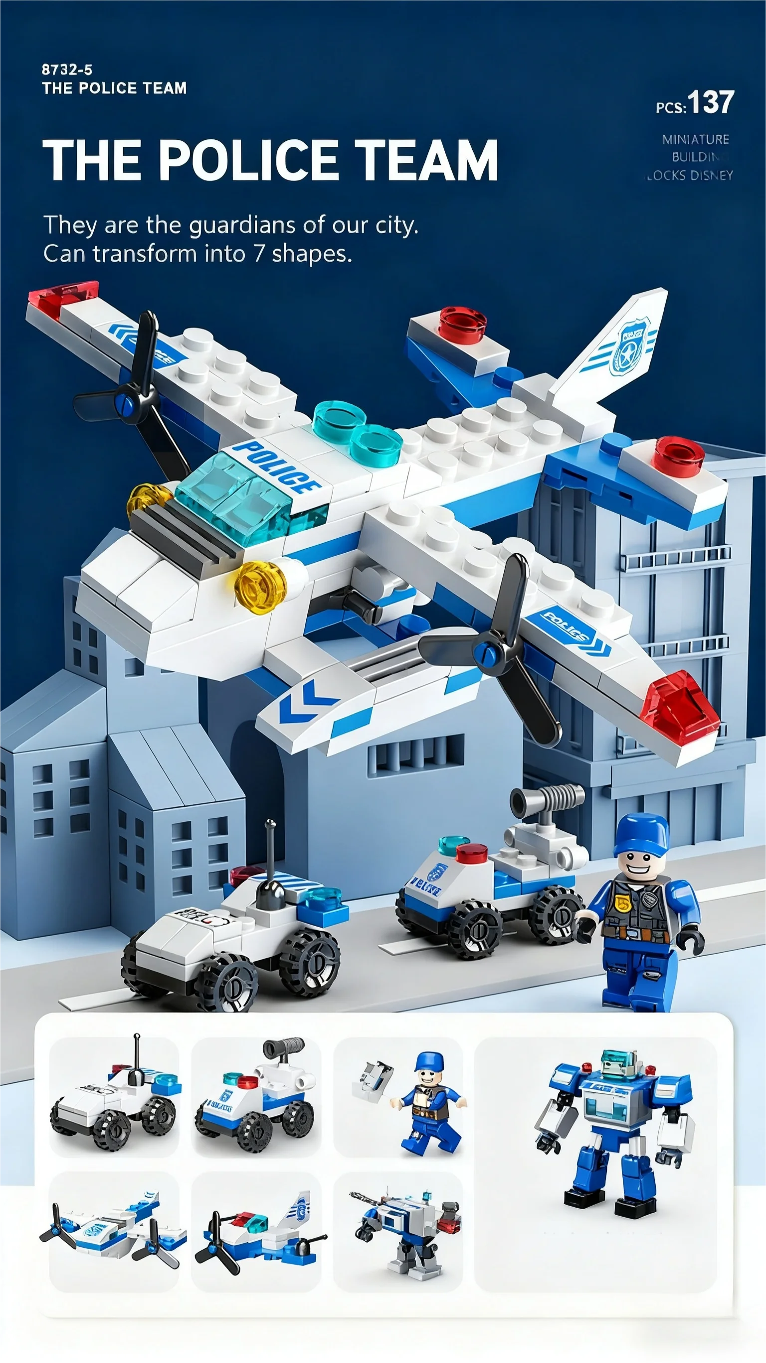 6-in-1 Mega-Stadt-Baukasten - Polizeiauto, Feuerwehrauto, Kran, Panzer, Hubschrauber & Mehr, Bauingenieur-Spielzeug Geschenk – Detail 5
