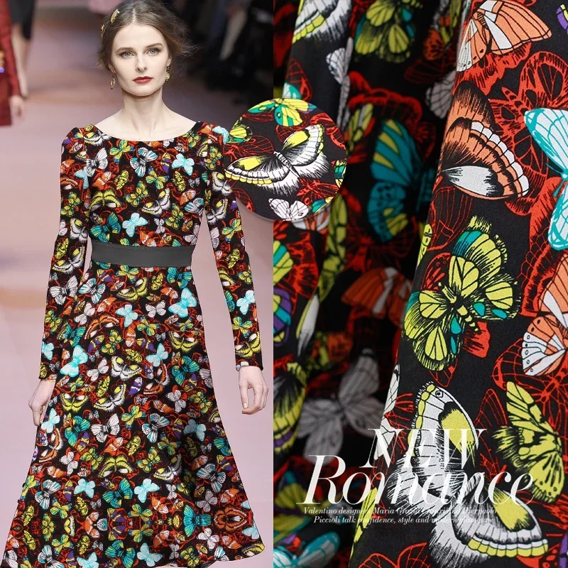 

Redraspberry 114cm Silk double crepe black base color butterfly print summer silk dress DIY sewing clothing fabric Freeshipping