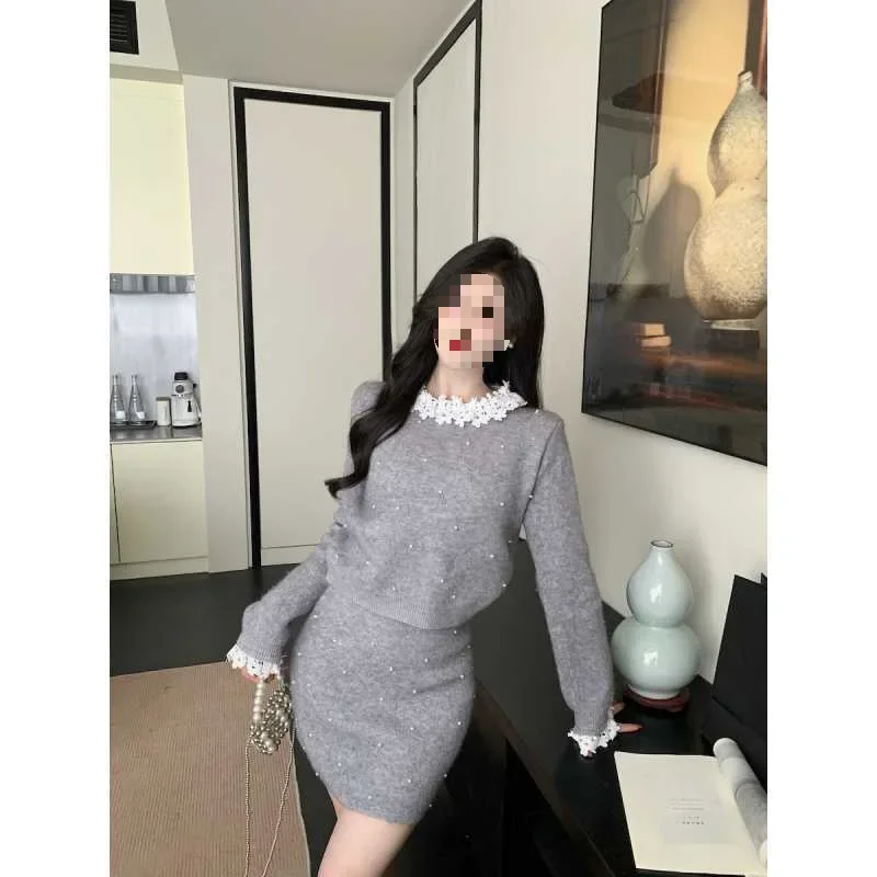 Plus Size French Style Sweet Edge Collar Buttoning Pearls Soft And Supple Top+Skirt 2-Piece Set Women's Plus Size Coat