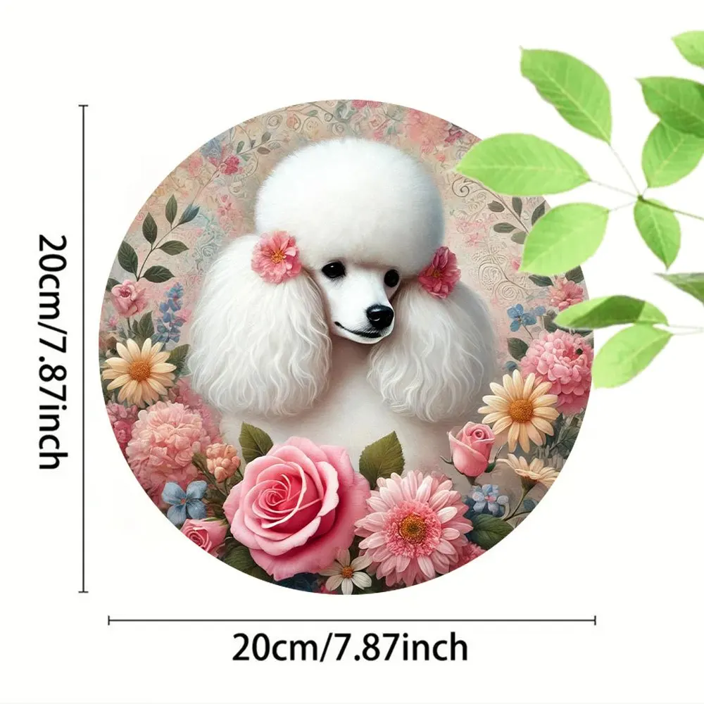 Vintage Round Aluminum Wall Sign - Elegant Poodle with Floral Design, Vibrant Retro Decor for Home, Bar, Cafe, Garage, Bathroom