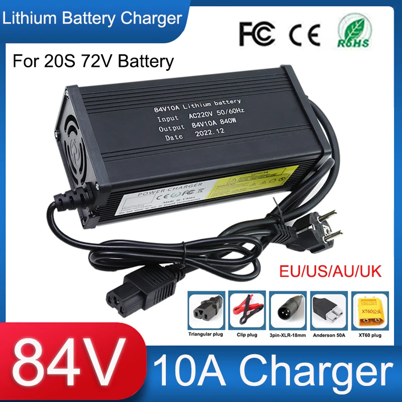 

New 84V 10A 840W High power Lithium Battery Charger LCD display For 20S 72V Battery Pack Fast Charging With Fan Aluminum Shell