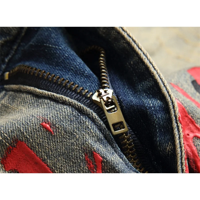 American-style printed multi-pocket vintage jeans men's slim-fitting small straight stretch nostalgic washed high-end trousers