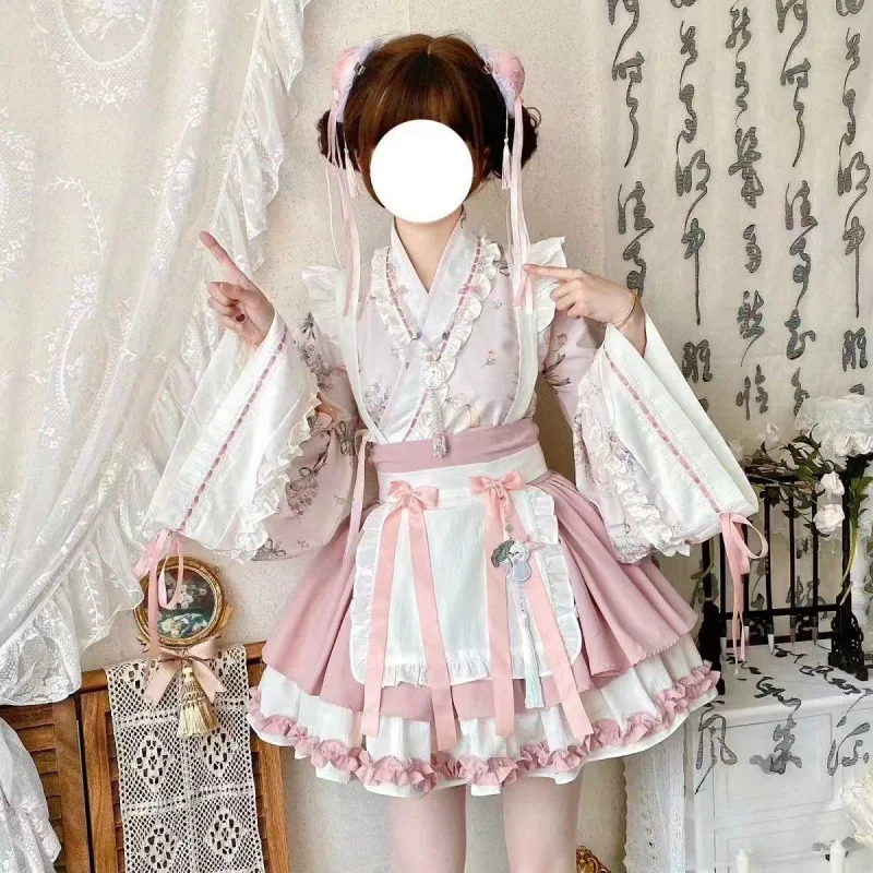 

Chinese Style Hanfu Summer Lolita Set Chinese Style Cross Collar Dress Maid Pure Desire Cosplay Costume Han Element Short Skirt