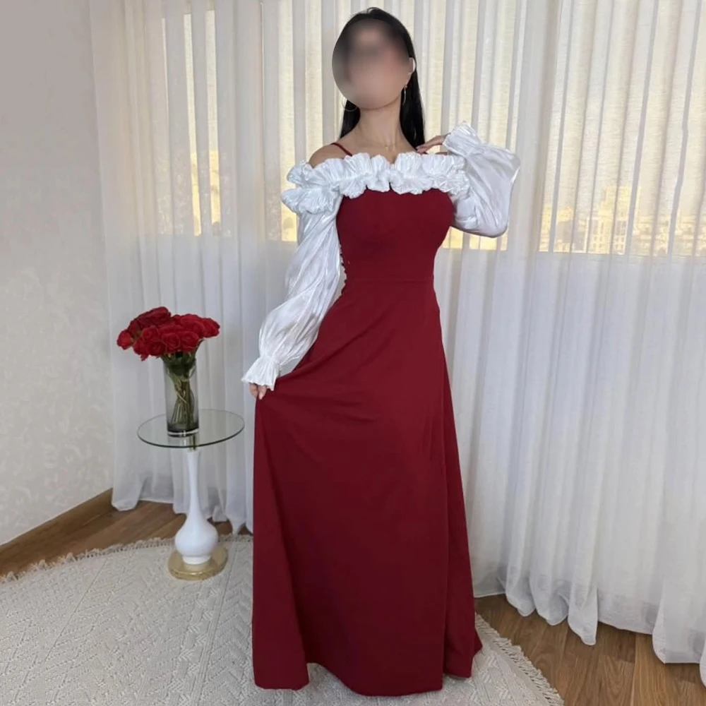 

Customized Red Boat Neck Jersey A-line Evening Dress Full Sleeves Flower With Zipper Party Gown Draped Floor Length Prom Dress