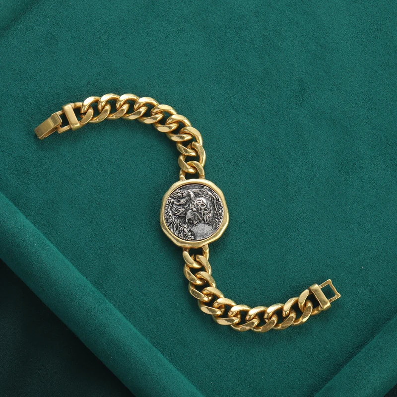 Vintage Copper Beauty Portrait Ancient Round Coin Wide Chain Bracelets for Women Simple Couple Jewelry Wrist Accessories