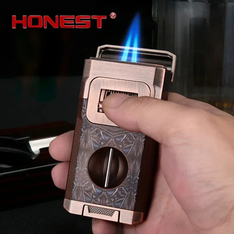 

HONEST Cigar Strong Double Blue Flame Lighter Windproof Inflatable Visible Gas Window V-shaped Cigar Knife Design Lighter