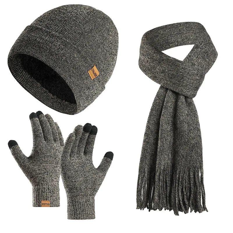 New Set European and American Style Autumn Winter Fleece Knitted Hat Scarf Gloves Unisex Warm Wool Three-Piece Set