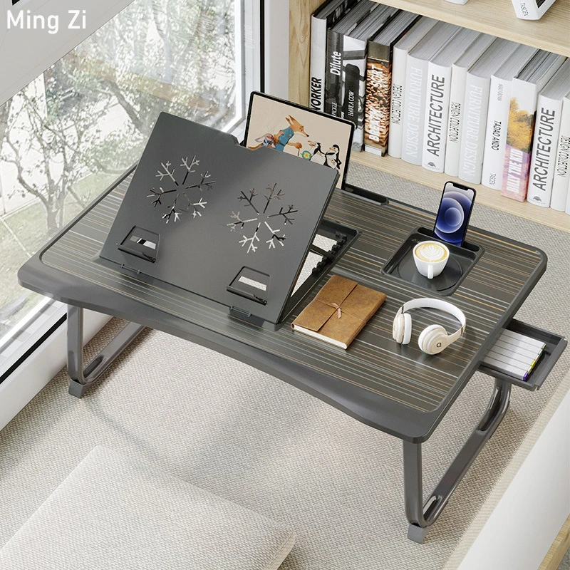 Foldable Laptop Desk for Bed with 6 Gear Adjustable Height Bracket, Lap Table Breakfast Tray Desk with Drawer for Working Gaming