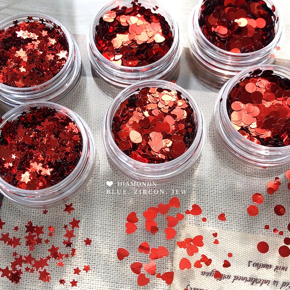 

2PCS Ruby Red Acrylic Nail Art Stars Love Heart Polka Dot Sequins Decals For Glitter Nails Decoration Manicure Supplies Material