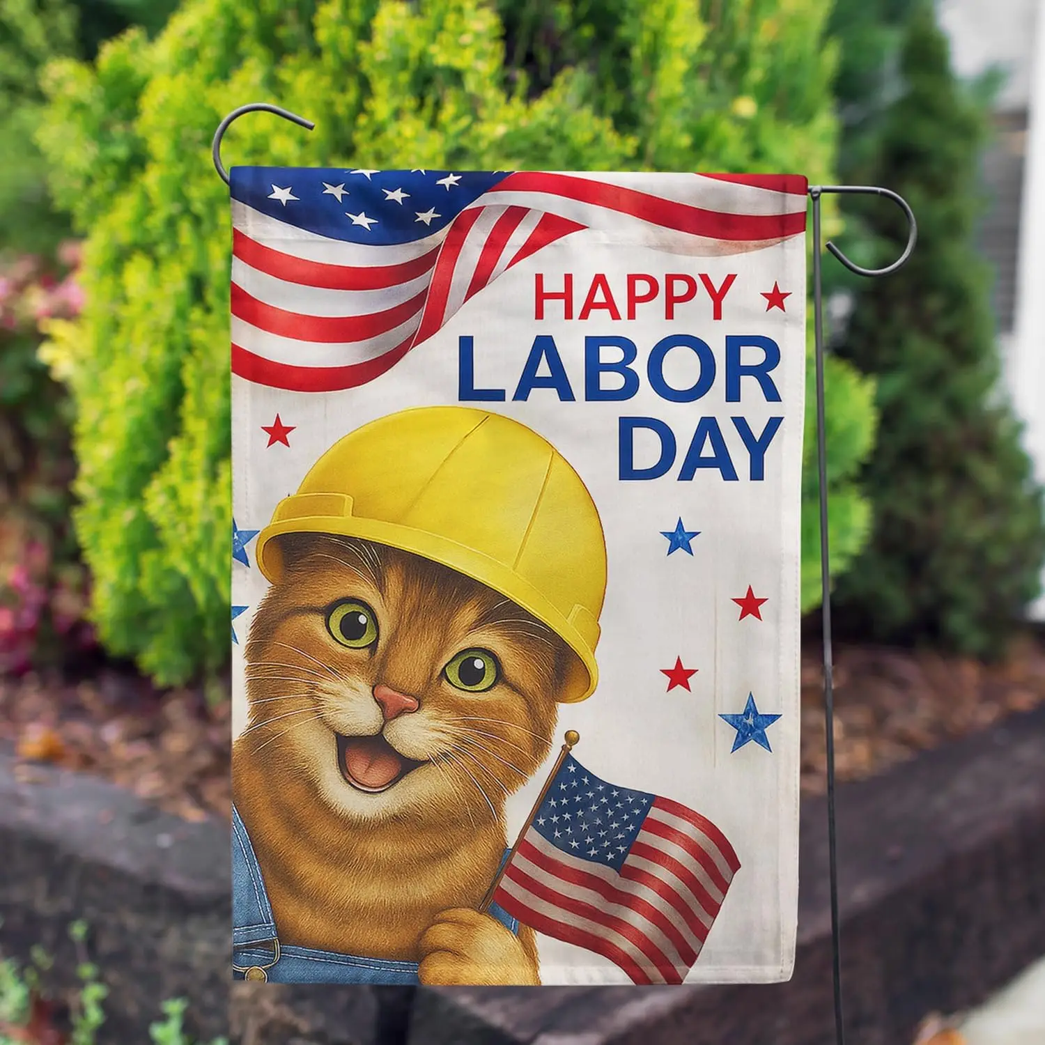 America Forever Happy Labor Day Cat Garden Flag, 12.5 x 18 inch Double Sided, Orange Tabby Hard Hat Overalls, American Flag  IIC