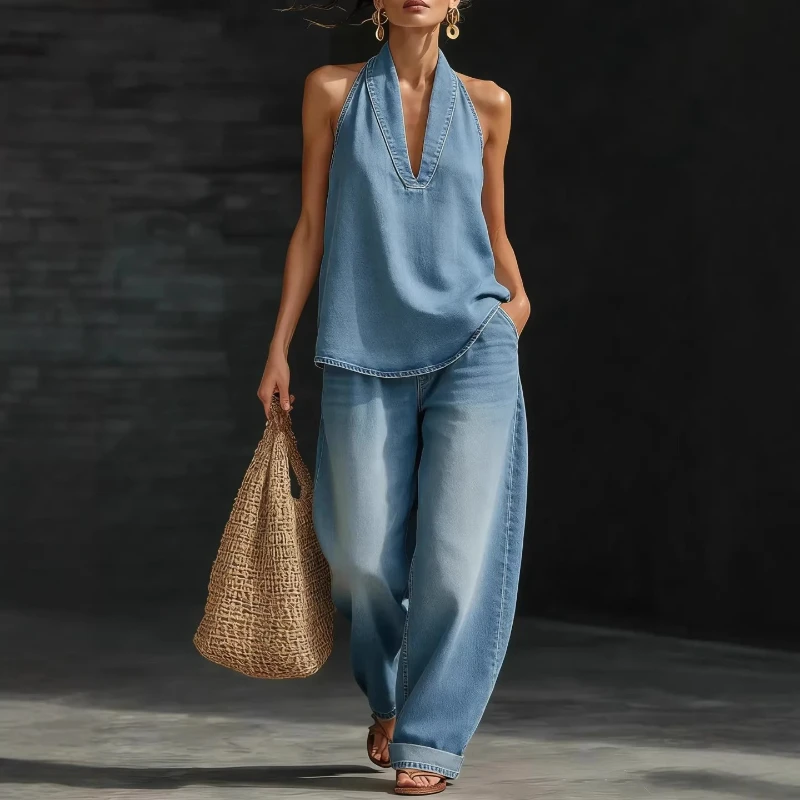 

Women Pant Set Two Piece Sets Deep V Neck Sleeveless Shirt Wide Leg Long Pants High Waist Vintage Washed Streetwear Summer 2026