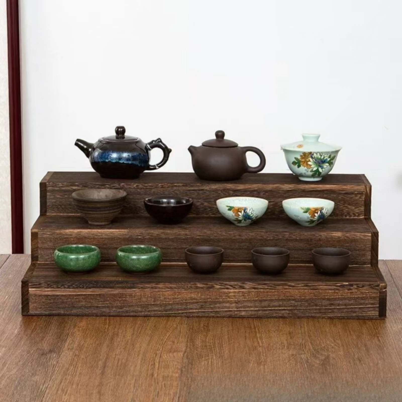 Solid Wood Tabletop Display Rack Multifunctional Tiered Shelf Organizer Wooden Display Riser Stand Space-Saving for Living Room