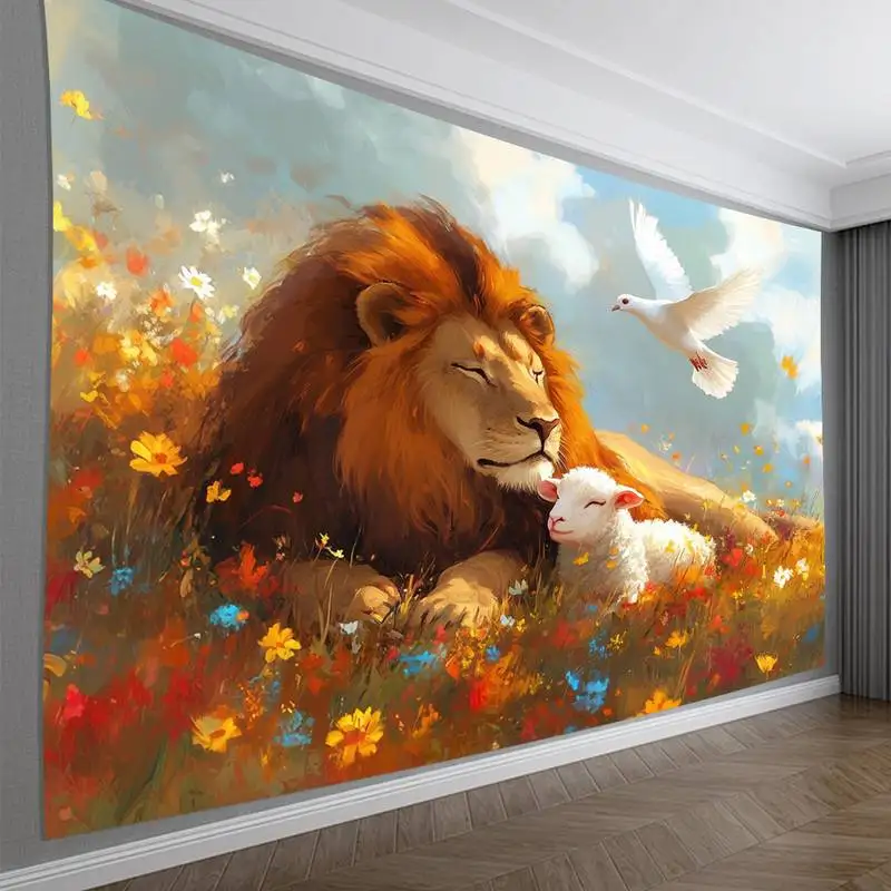 

Гобелен с цветочным рисунком «Мирный Лев и Баранина» — настенная подвеска Serene Nature Art для домашнего декора