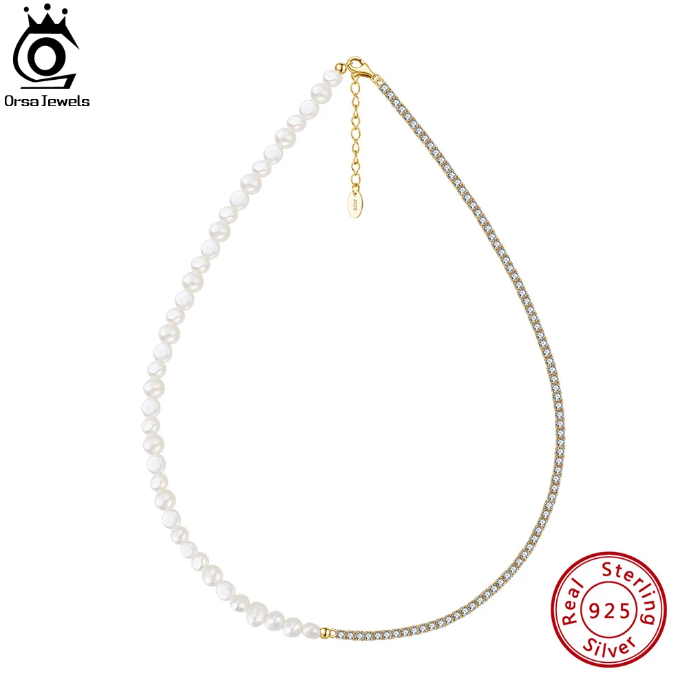 ORSA JEWELS 14K Gold 6MM Freshwater Pearls Beaded Necklace 925 Sterling Silver Simple Round Pearl Neck Chain Lobster Clasp GPN26