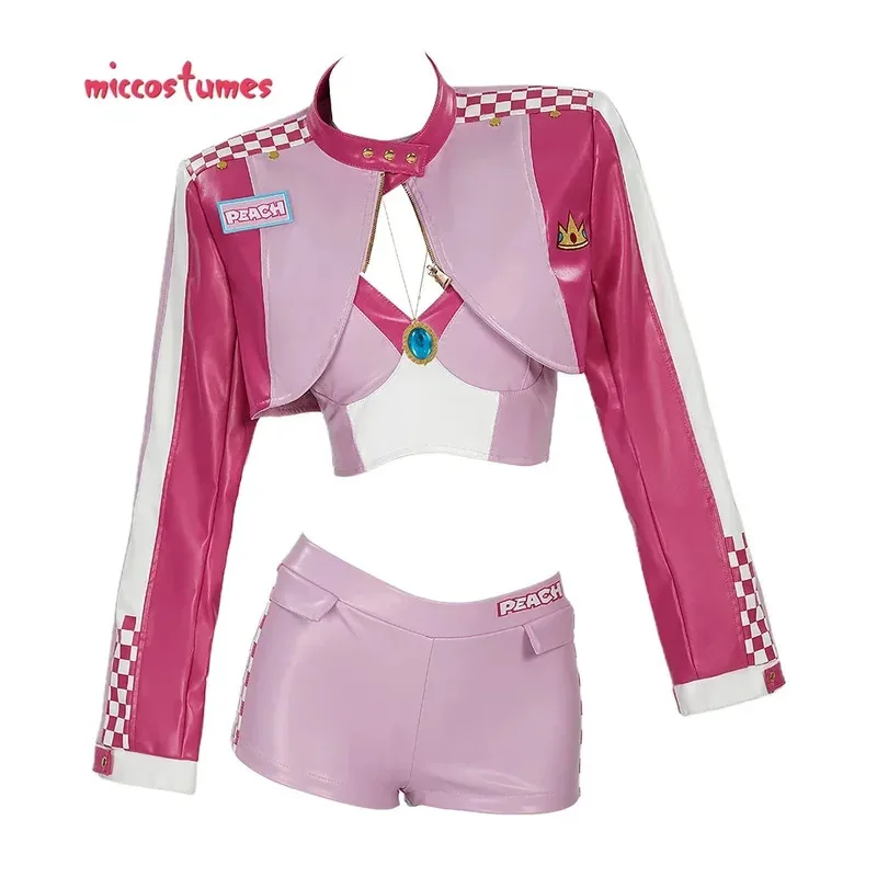 

Miccostumes женский костюм персиково-розовый гоночный костюм короткий топ и куртка с шортами ожерелье повседневная одежда