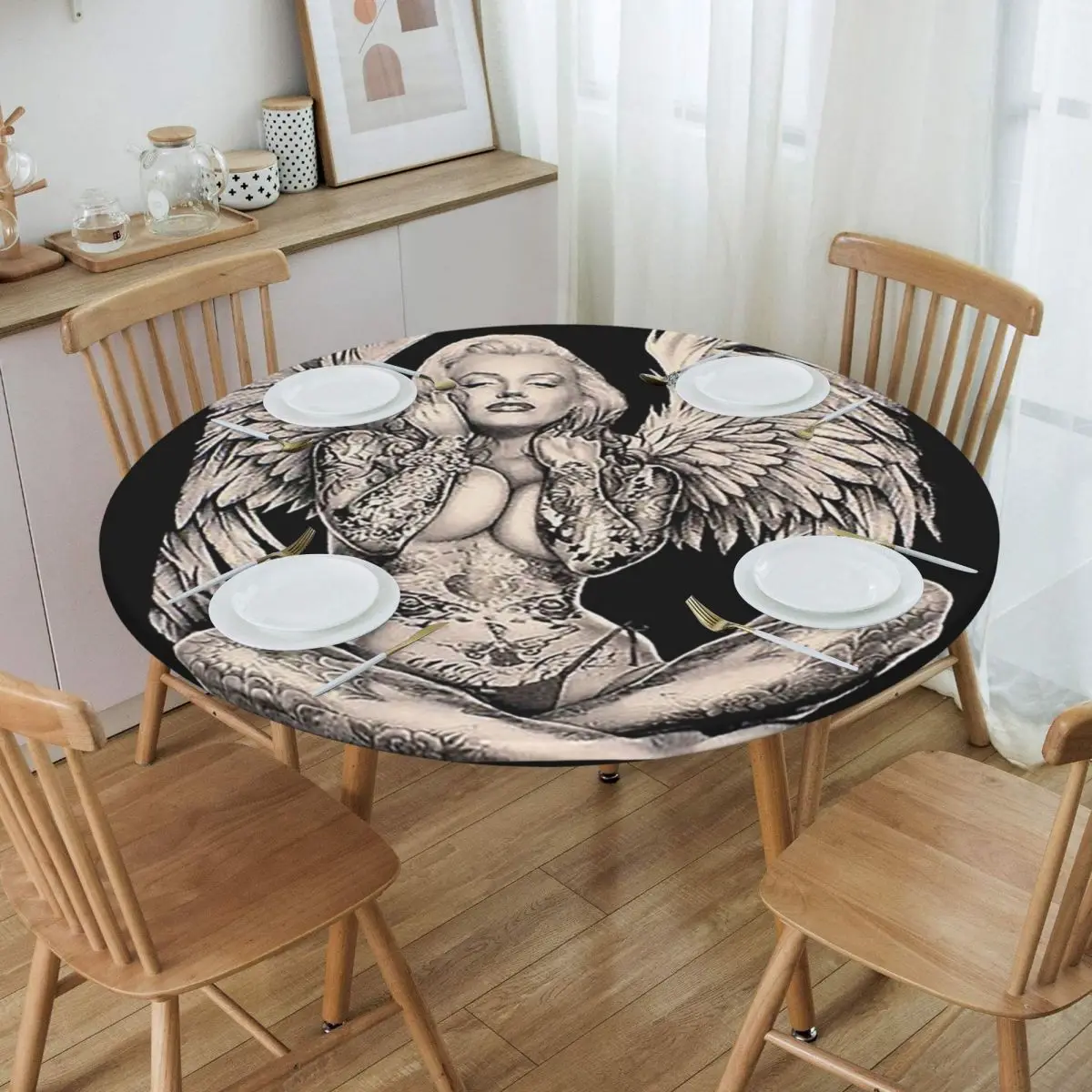 Marilyn Vintage Abstract Tattooed Angel Waterproof Round Tablecloth Oilproof Table Cloth for Kitchen Events Dining Table Cover