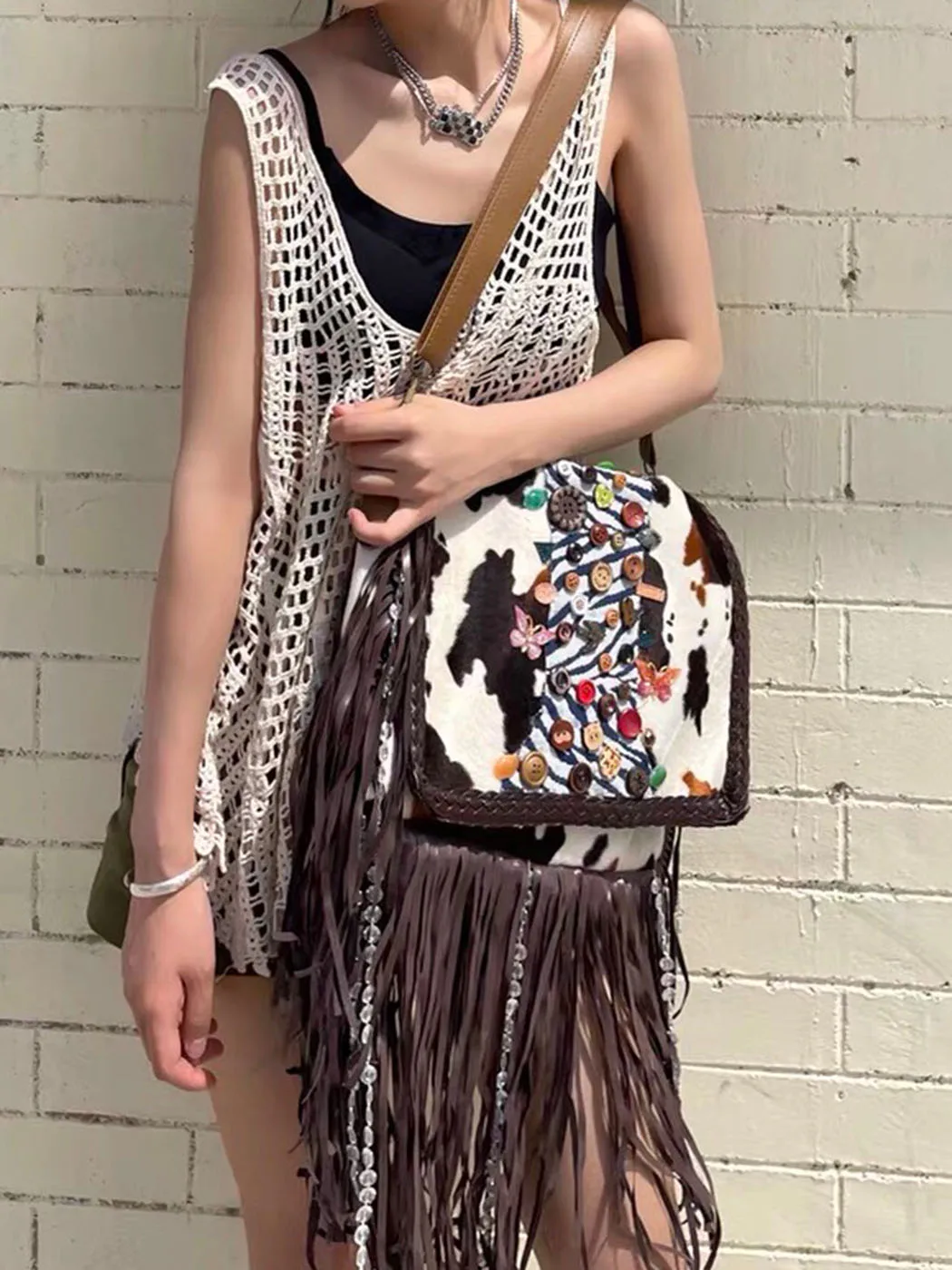 JIAERDI Harajuku Tassel Y2k Messenger Bag Women 2023 Sweet Cool Girls Buttons Brown Handbags Ladies Casual Bolso Mujer Aesthetic