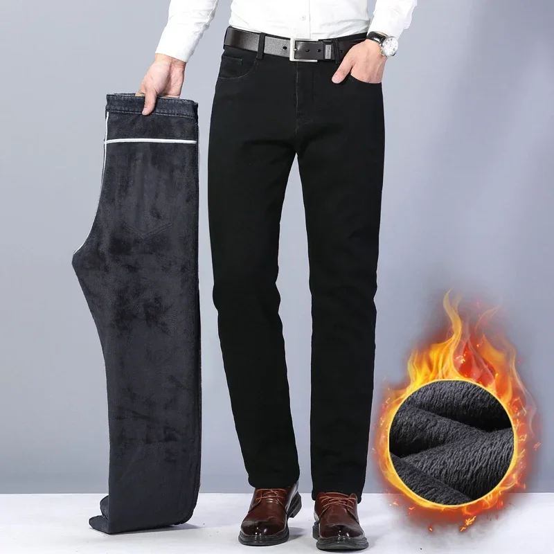 Jeans de lã preta masculina, calça grossa quente, estiramento reto, calças longas, de boa qualidade, inverno, nova, 40