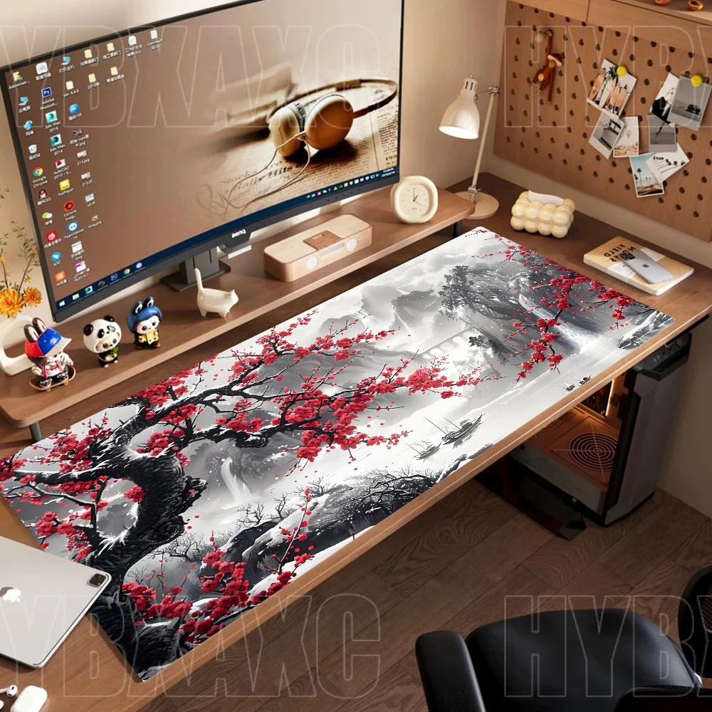 

Коврик для мыши Cherry Blossom, красный пейзаж Сакуры, настольный коврик, аксессуары для офисного стола с прошитым краем, нескользящий коврик для мыши, микропад XXL