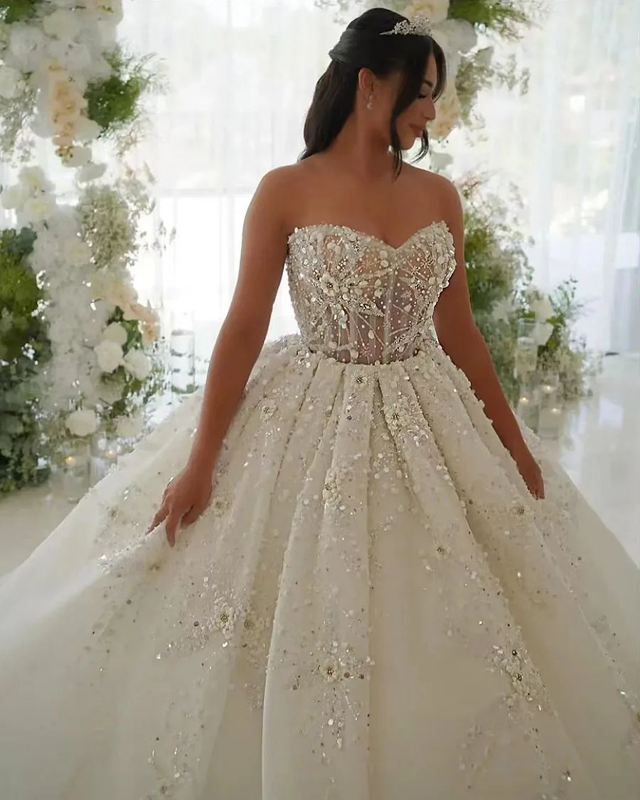 Graceful Strapless Bridal Dress Shiny Sequins Bead 3D Flower Wedding Gown 2025 Luxury Ball Gown Long Bride Robe Vestido De Novia