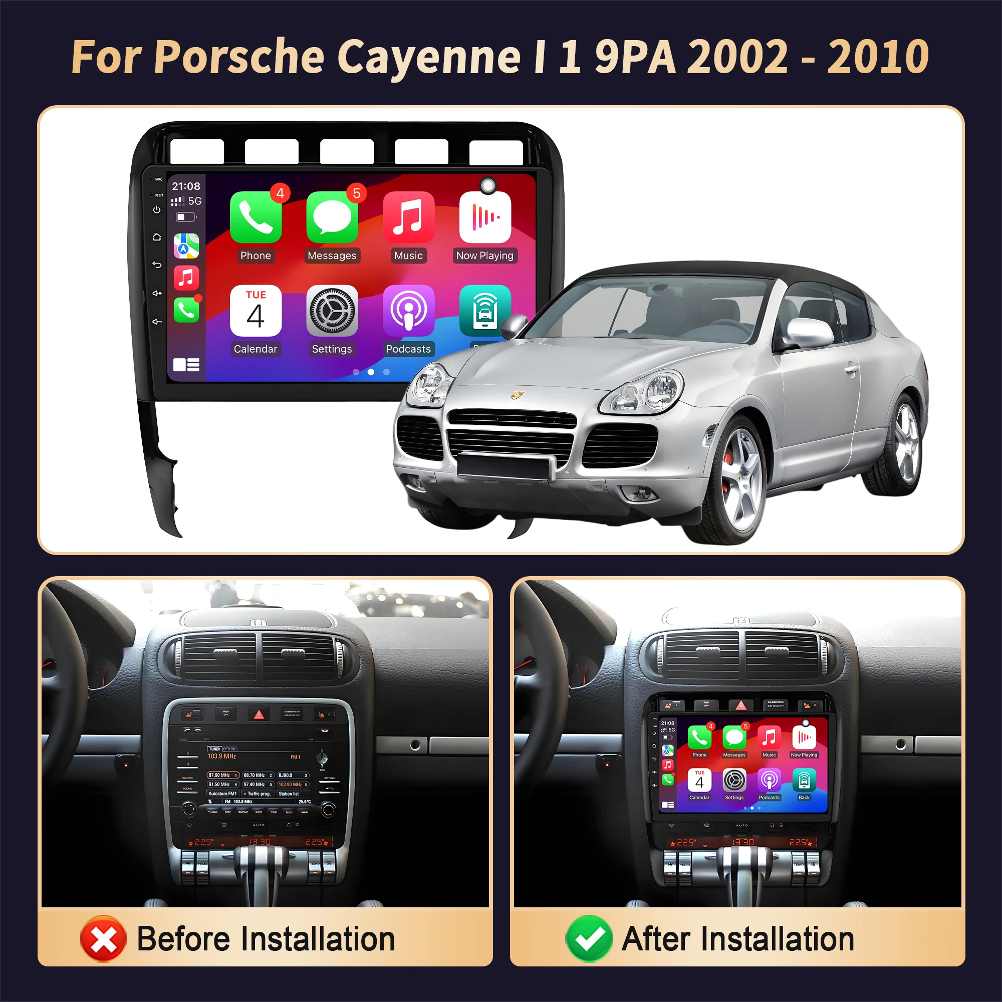 Android 14 Car Radio For Porsche Cayenne 957 / 955 2002-2010 Multimedia Navigation GPS Console 4G Carplay Stereo Screen