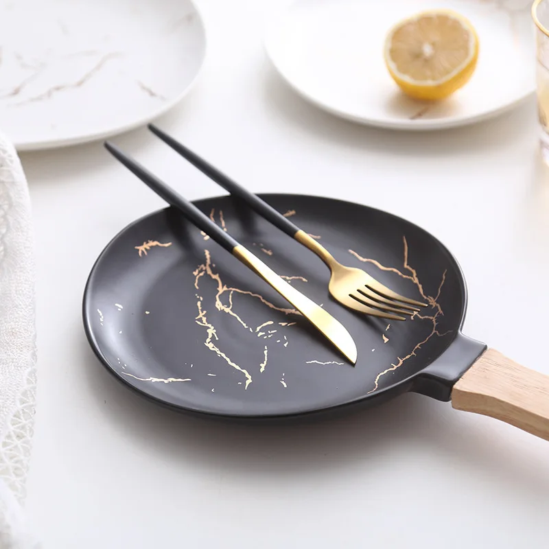 Marble Stripe Round Ceramic Pizza Pasta Plate Cookware Porcelain Sushi Tableware Wooden Bamboo Handle Hold In Hand Suspension