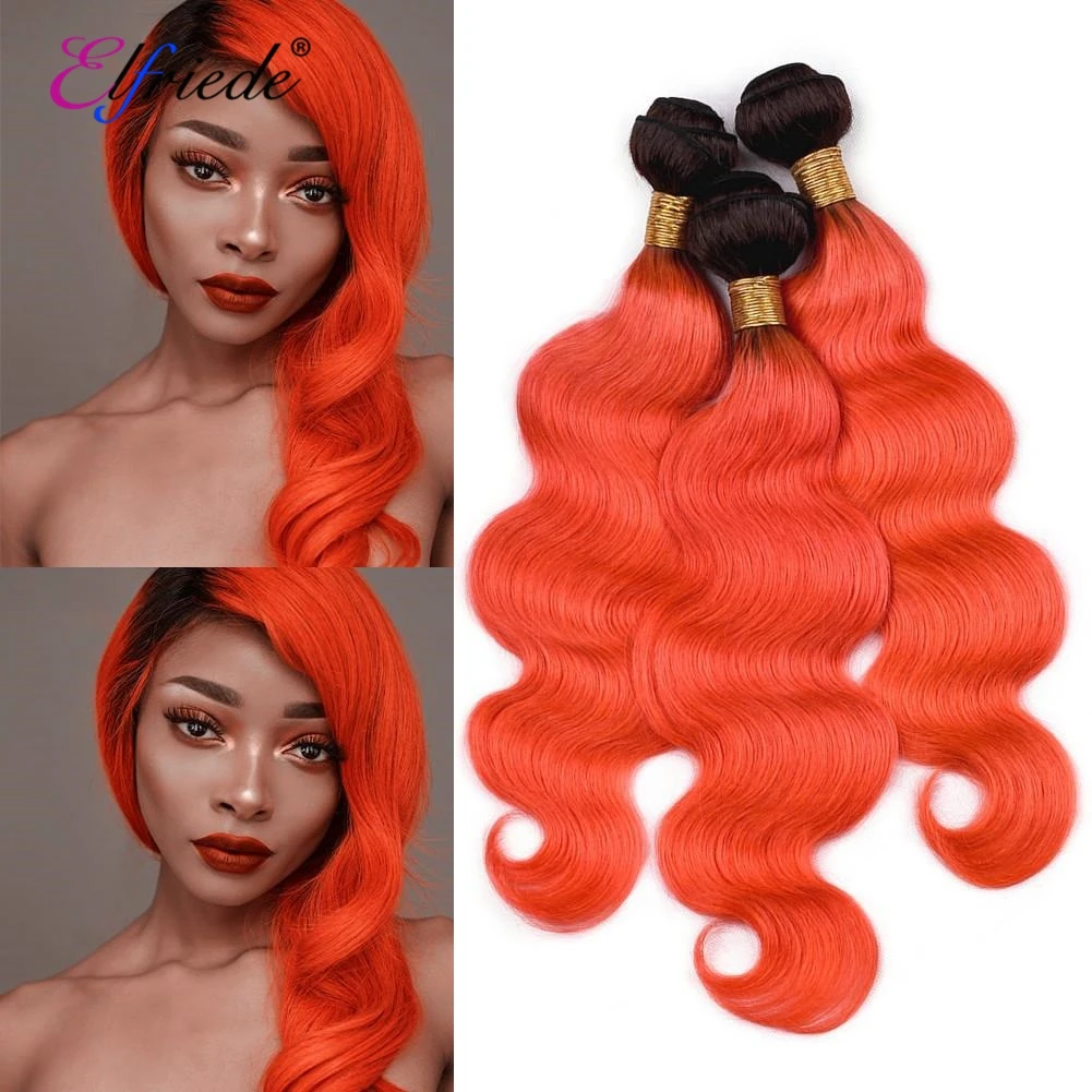 ElfriEDE-Onda Do Corpo Ombre Colorido Pacotes de Cabelo Humano, 100% Extensões de Cabelo Humano, 1B Vermelho Laranja, 3 ou 4 Pacotes, Promoções