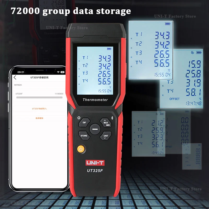 UNI-T UT325F 4-kanaals Thermokoppel Thermometer – Bluetooth, Gegevensopslag, Compatibel Met J/K/T/E/R/S/N, Professioneel Meetinstrument