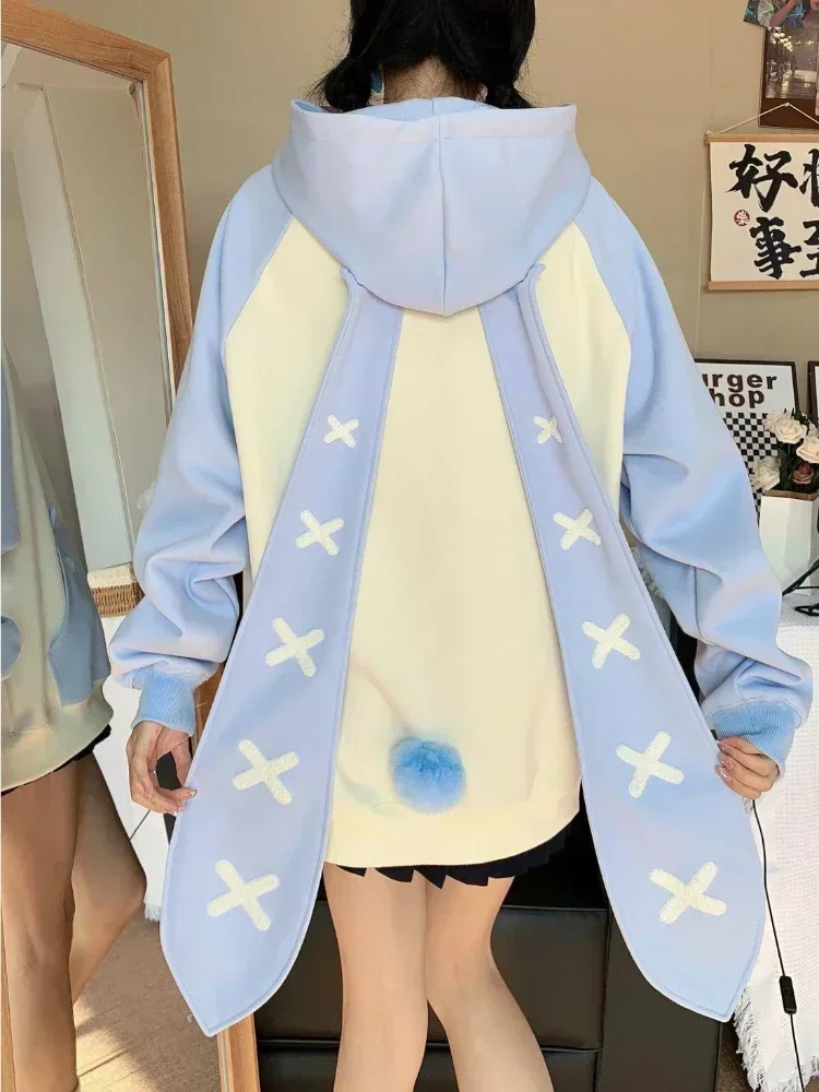 Y2k Women Korean Japan Hoodies Harajuku Kawaii Rabbit Hoodie Sweatshirt Long Sleeve Tops Bunny Ears Outerwear Hooded Clothes