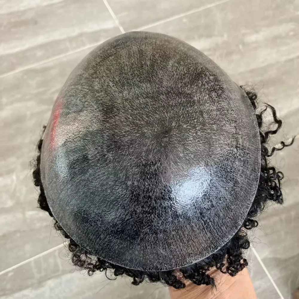 Afro 15mm Lockiges Neues Toupet für Männer, Afroamerikanische Perücken, Grau-Schwarzes Echthaar, Unsichtbares PU-Haut-Ersatzsystem, Prothese – Detail 4