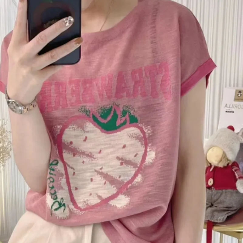 

Summer Women's Clothing Pullover Round Neck Cartoon Letter Printing Short Sleeve T-shirt Loose Casual Fashion All-match Tops