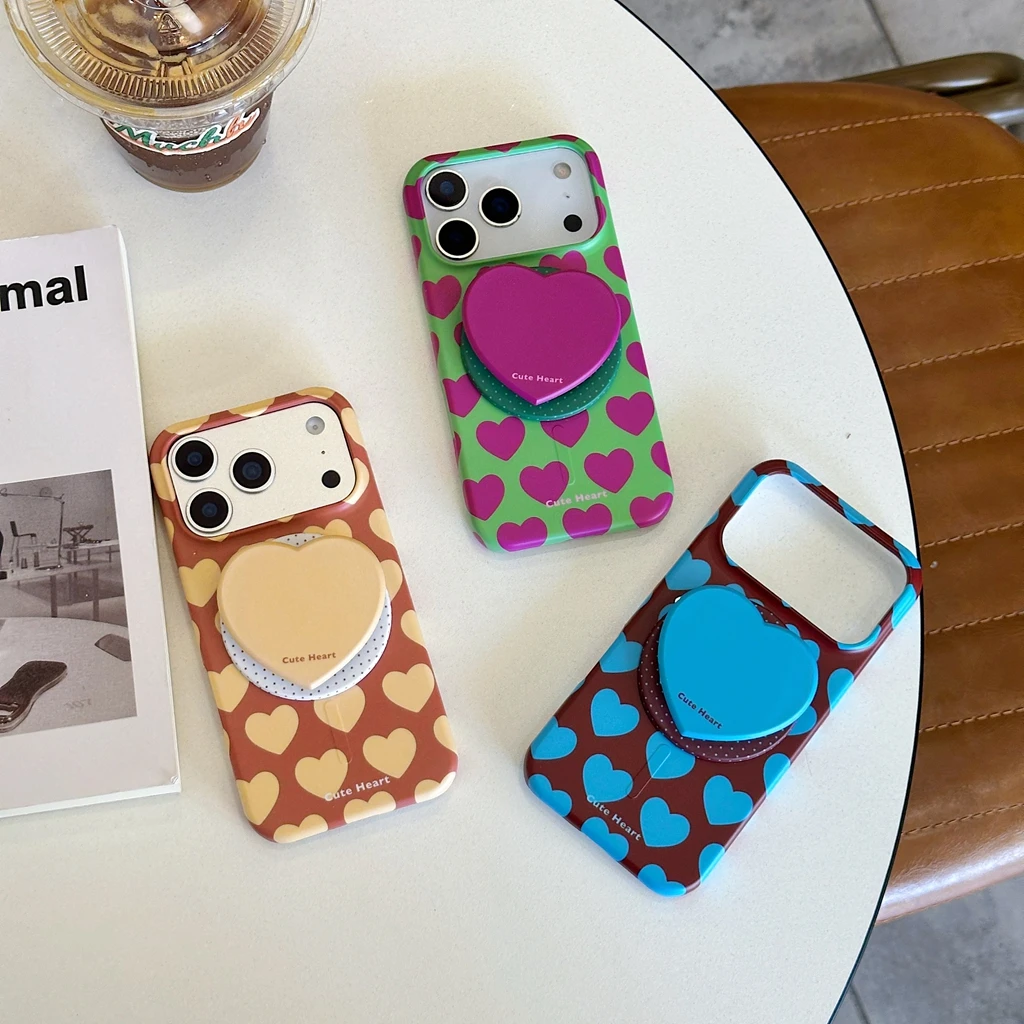 

Vitality Dopamine Color Block With Heart Holder Magnetic Wireless Charging Protect Phone Cover Case for iPhone 17 16 15 Pro Max