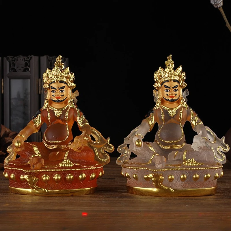 Translucent Water-Glass Yellow Jambhala Statue, Hand-Gilded & Painted Tibetan Dzambhala, Resin Wealth God for Zen Altar, 15 cm