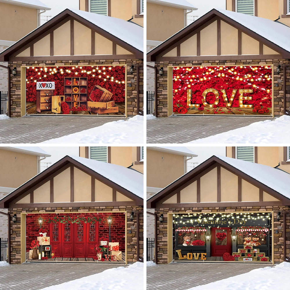 Valentine's Day Love Garage Door Banner Patio Large Decor Backdrop February 14 Valentine's Day Roses Flower Garage Wall Decor