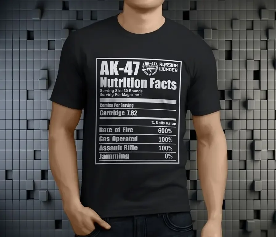 Funny Russian AK-47 Assault Rifle Nutrition Facts T-Shirt. Summer Cotton Short Sleeve O-Neck Mens T Shirt New S-3XL